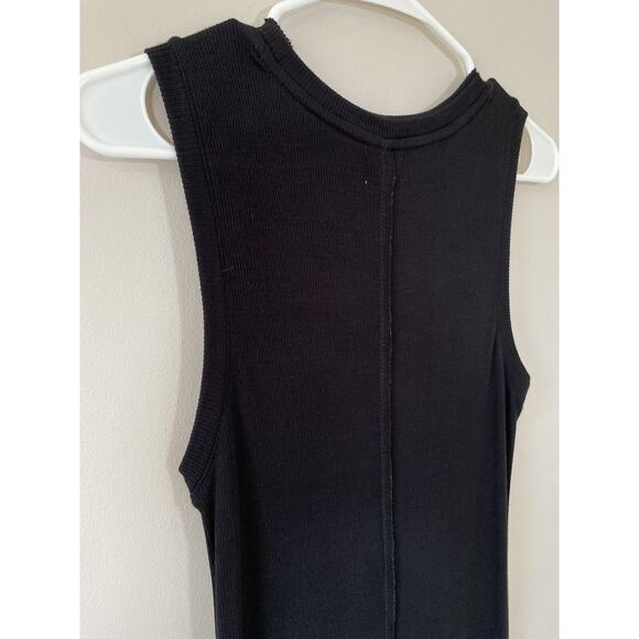 Greige Ribbed Minimalist Black Sleeveless Midi Dress Raw Edge Diagonal Hem LARGE - Picture 9 of 12